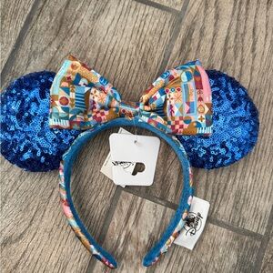Disney Blue Sequin Minnie Ear Headband with Patterned Multicolor Bow